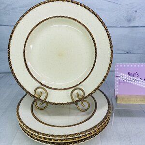 Vintage TAHITI By China Beige Speckle Stitching Rim Stoneware Dinner Plate Set 4